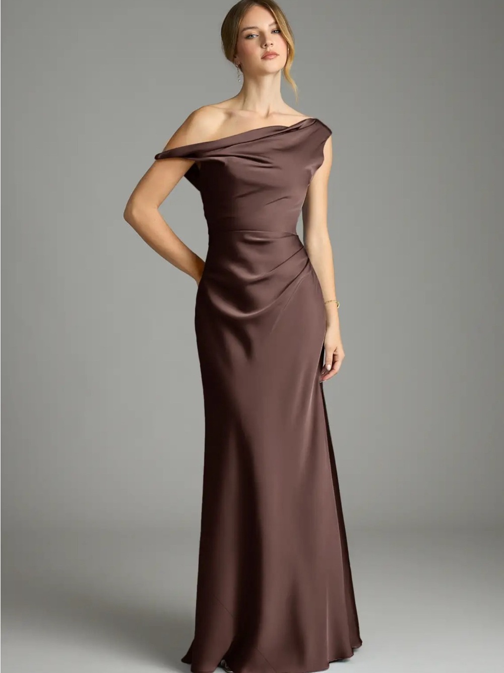 Azazie One-Shoulder Satin Gown in Brown Ganache